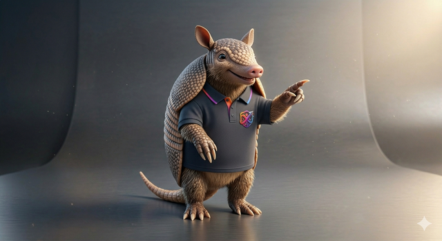 Mascote tatu-bola do Êxodo ID apontando para o painel